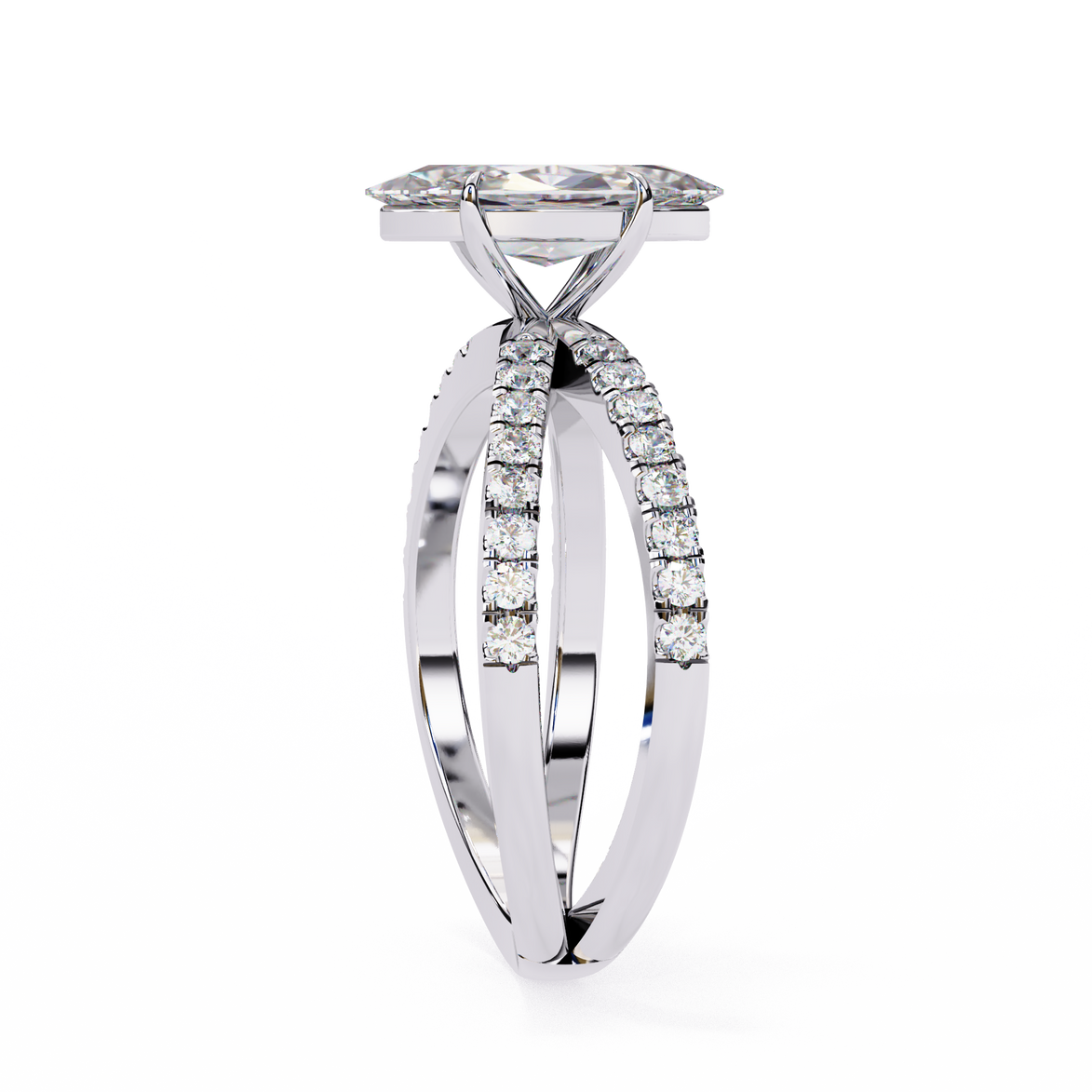 Diamond ring with a white gold band on a white background