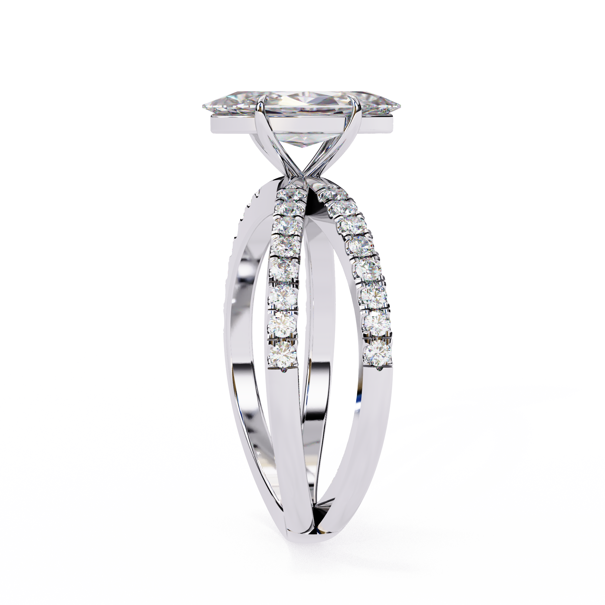 Diamond ring with a white gold band on a white background