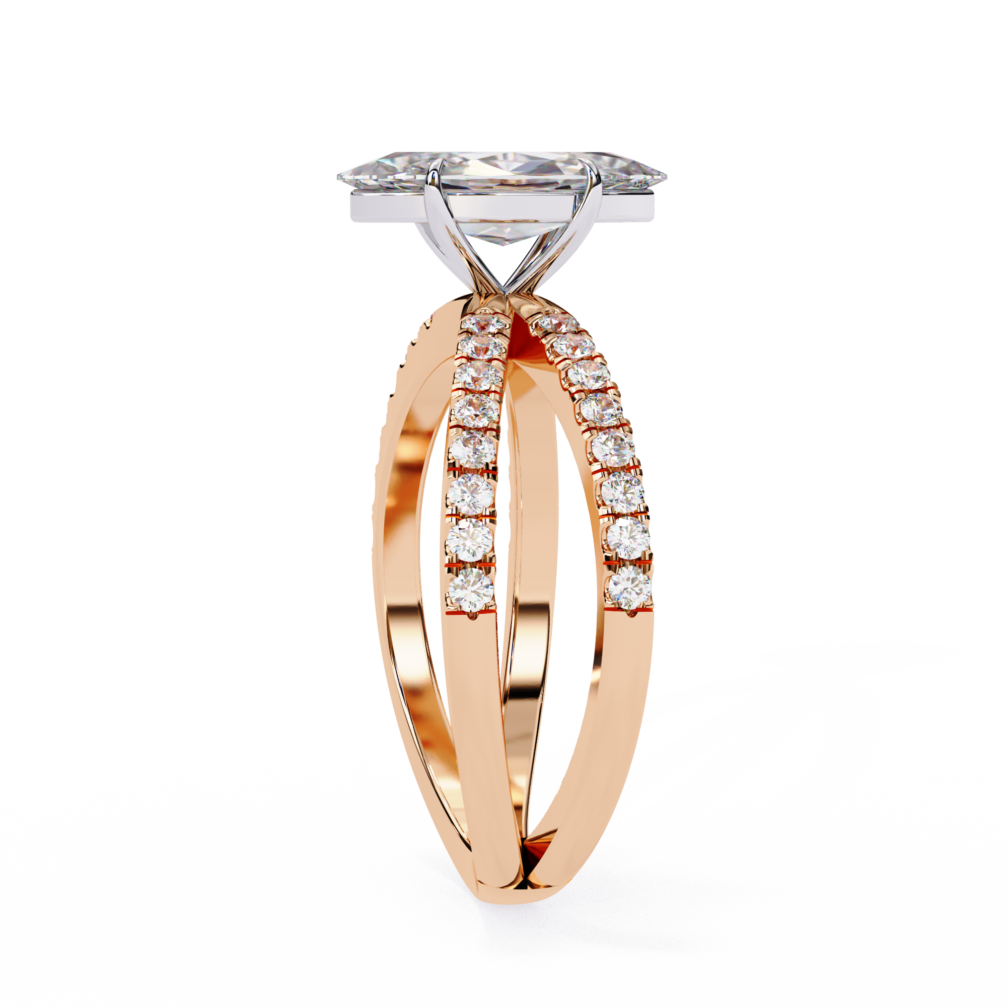 Two diamond rings, one rose gold and one white gold, on a white background