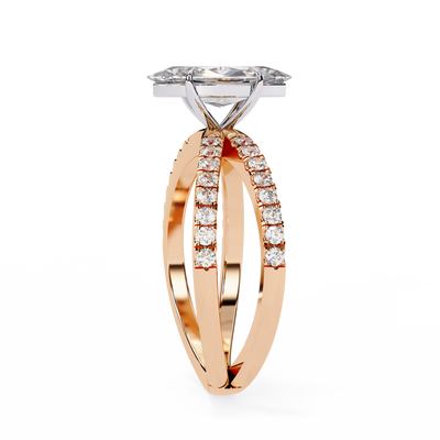 Two diamond rings, one rose gold and one white gold, on a white background