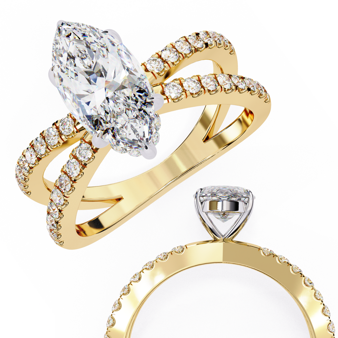 Gold ring with a large diamond and smaller diamonds on a white background