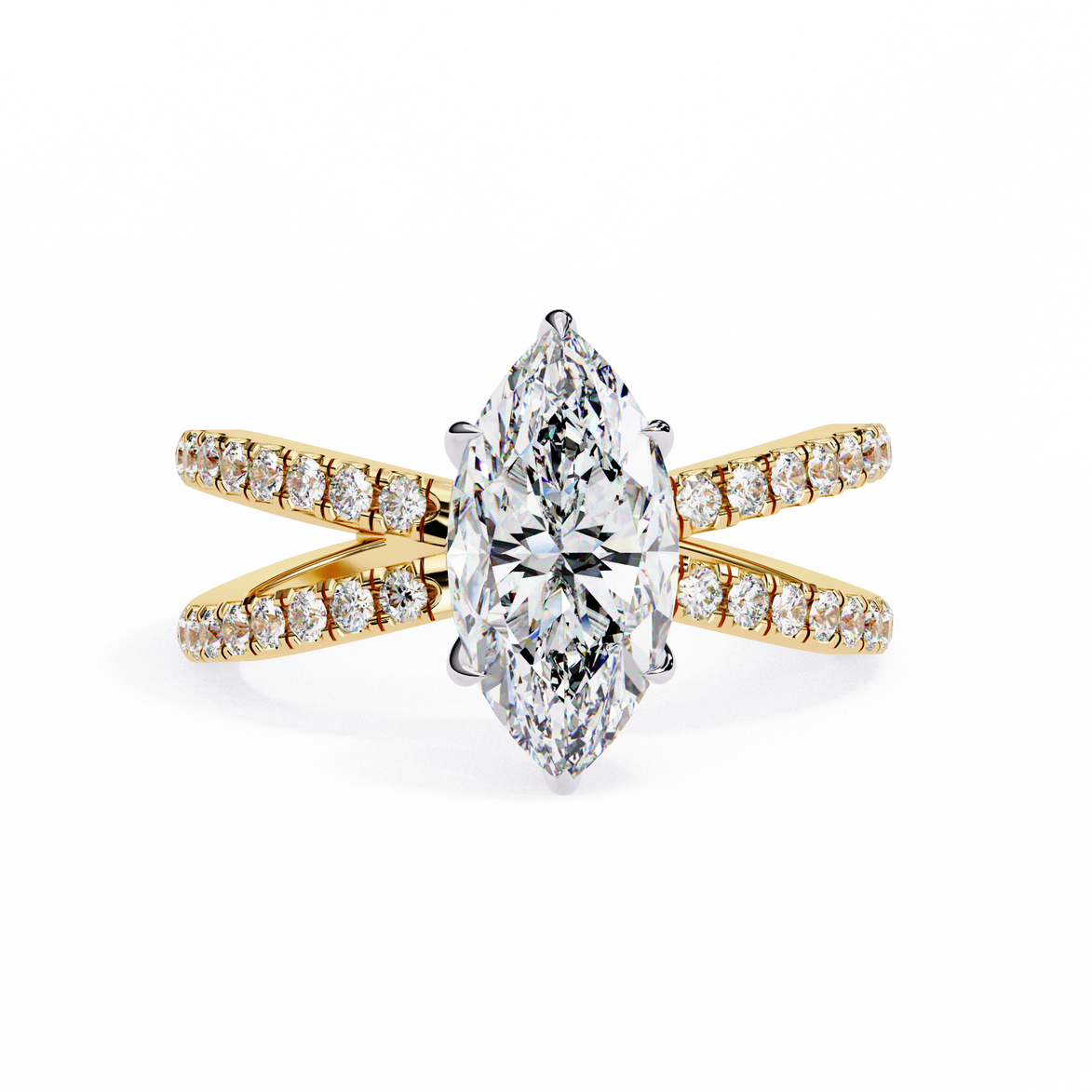 Gold ring with a large diamond and smaller diamonds on the band against a white background