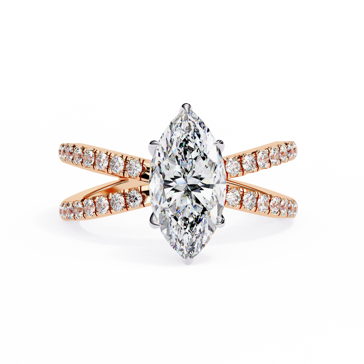 Rose gold ring with a large diamond and smaller diamonds on the band against a white background