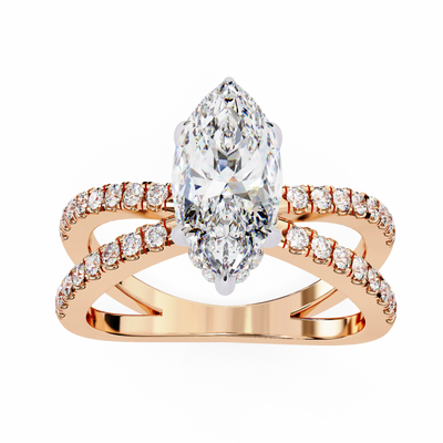 Rose gold ring with a large diamond and smaller diamonds on a white background