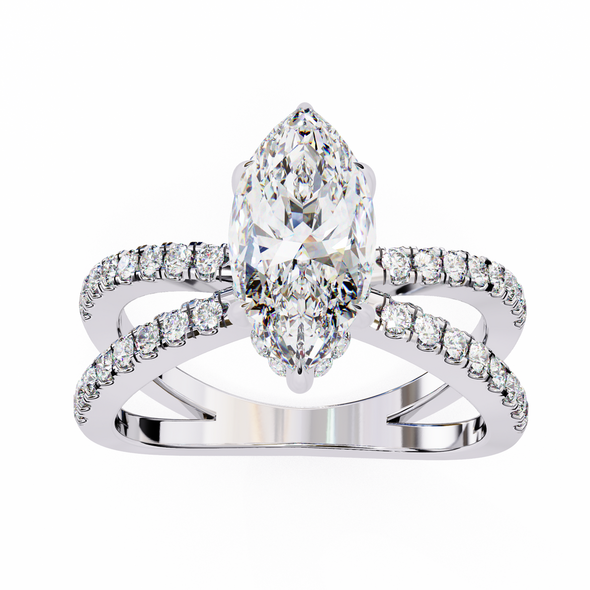 Diamond ring with a marquise-shaped center stone on a white background