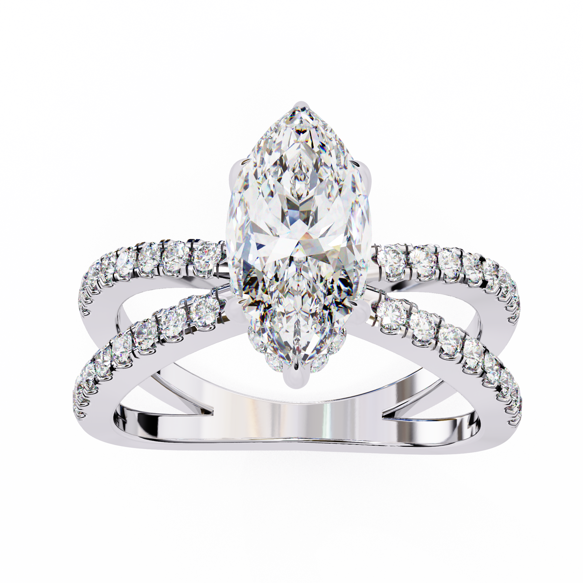 Diamond ring with a marquise-shaped center stone on a white background