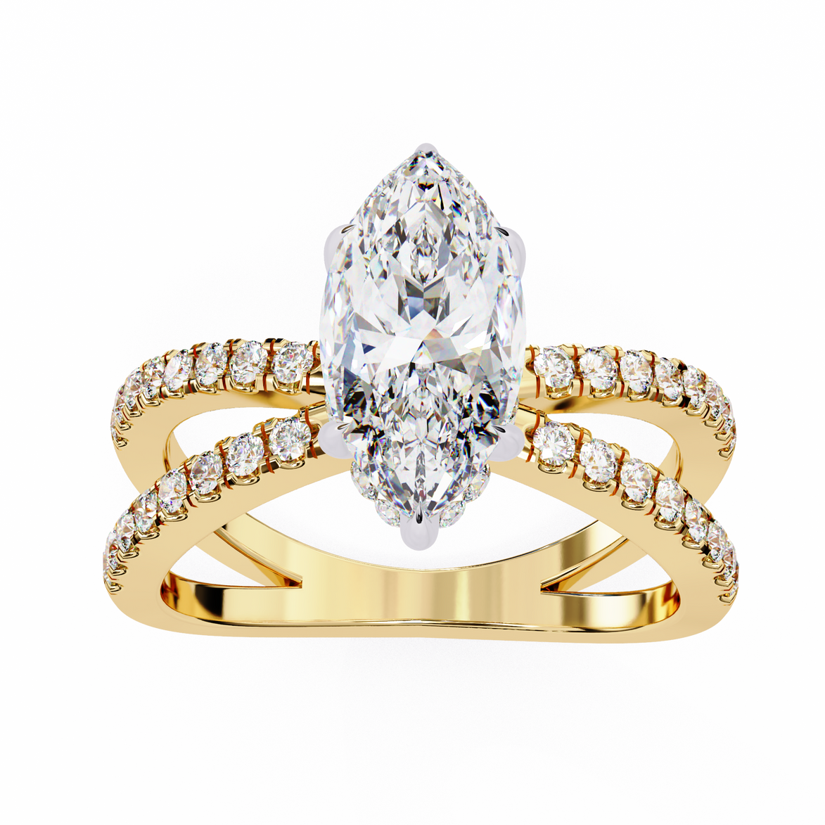 Gold ring with a large diamond and smaller diamonds on a white background