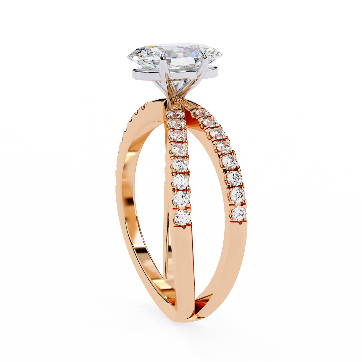 Rose gold ring with a large diamond and smaller diamonds on the band against a white background