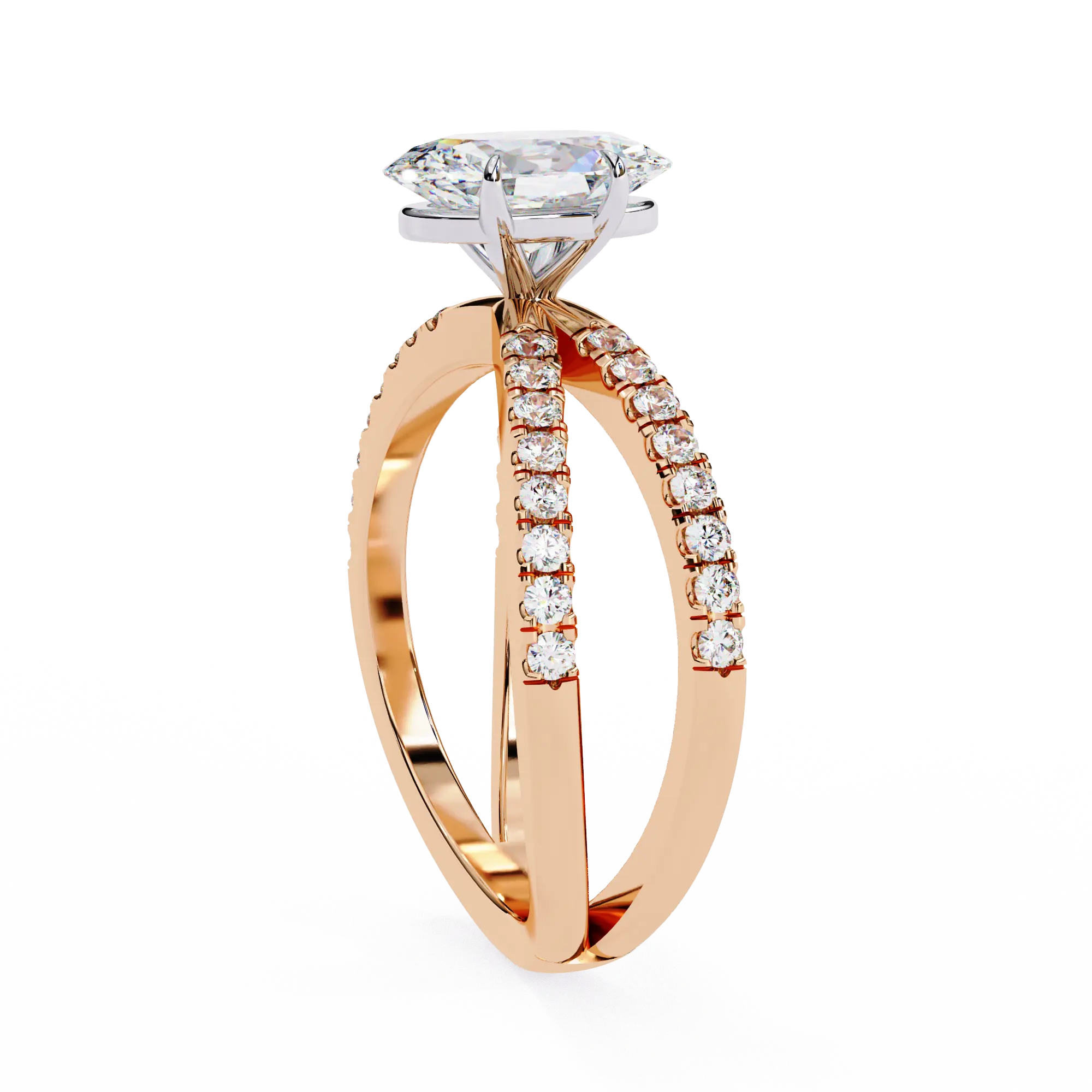 Rose gold ring with a large diamond and smaller diamonds on the band against a white background