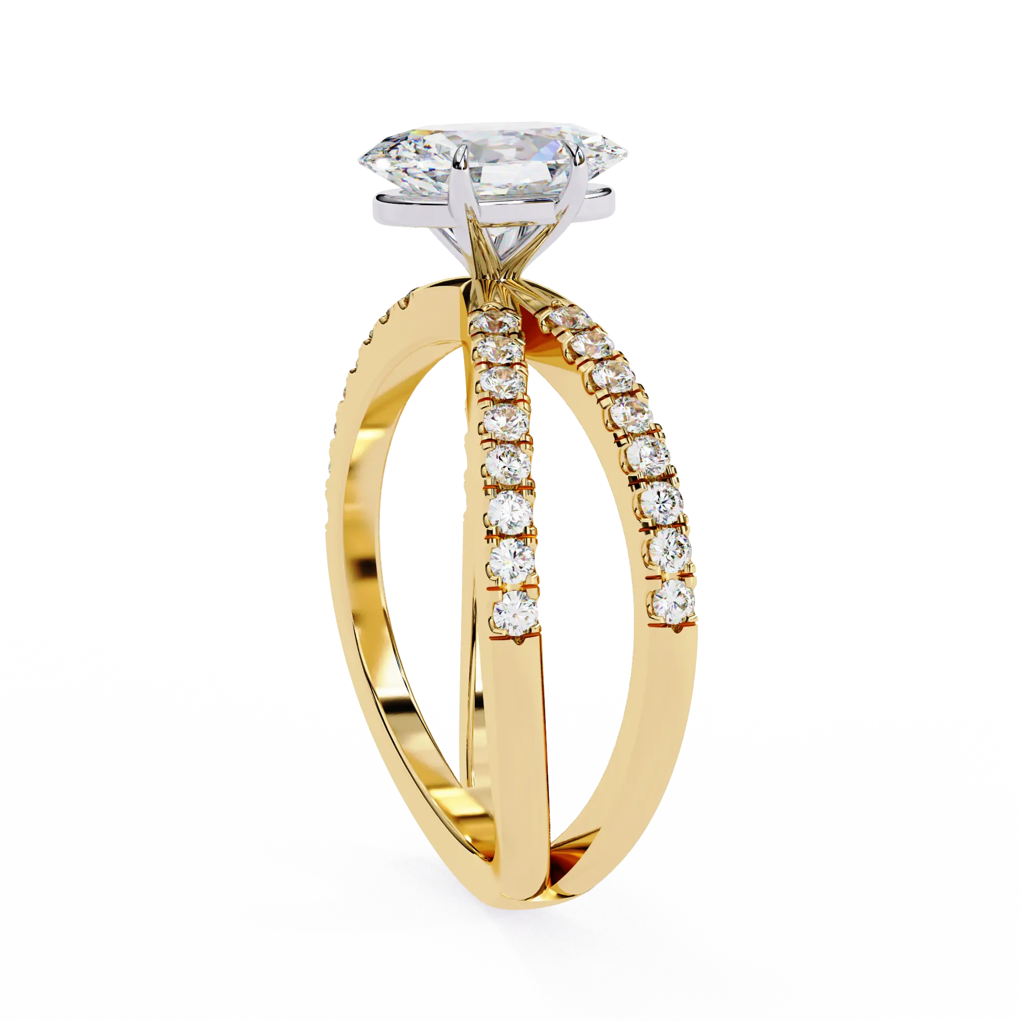 Gold ring with a diamond on a white background