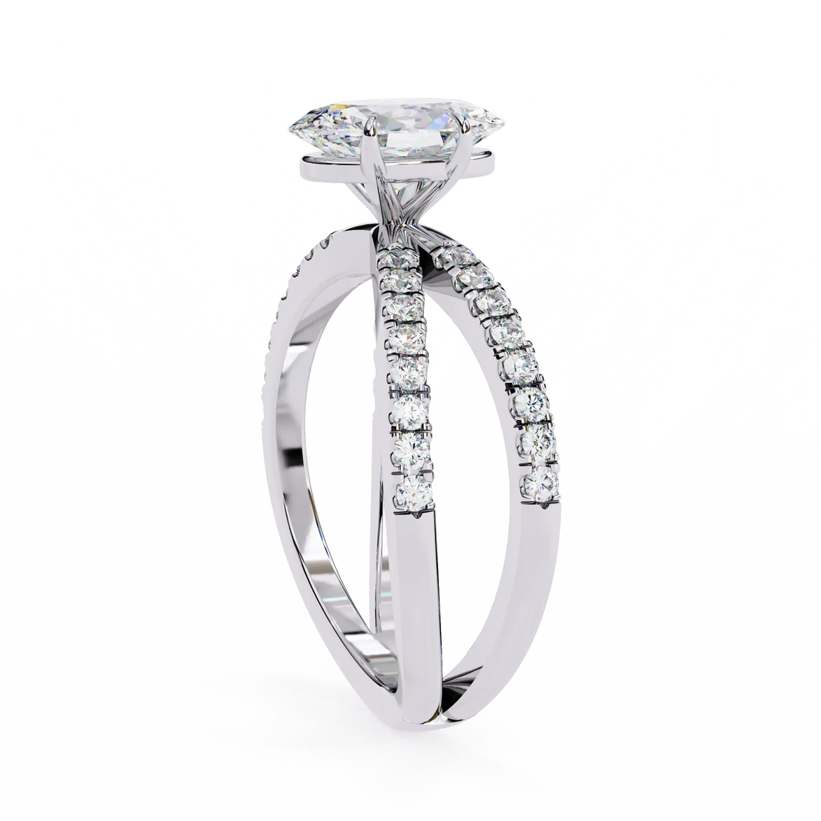 Diamond ring with a white gold band on a white background