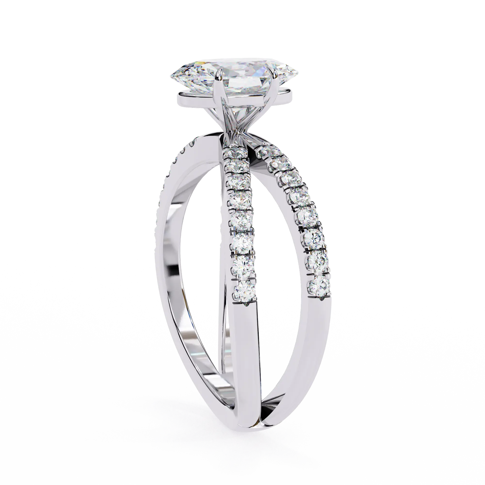 Diamond ring with a white gold band on a white background