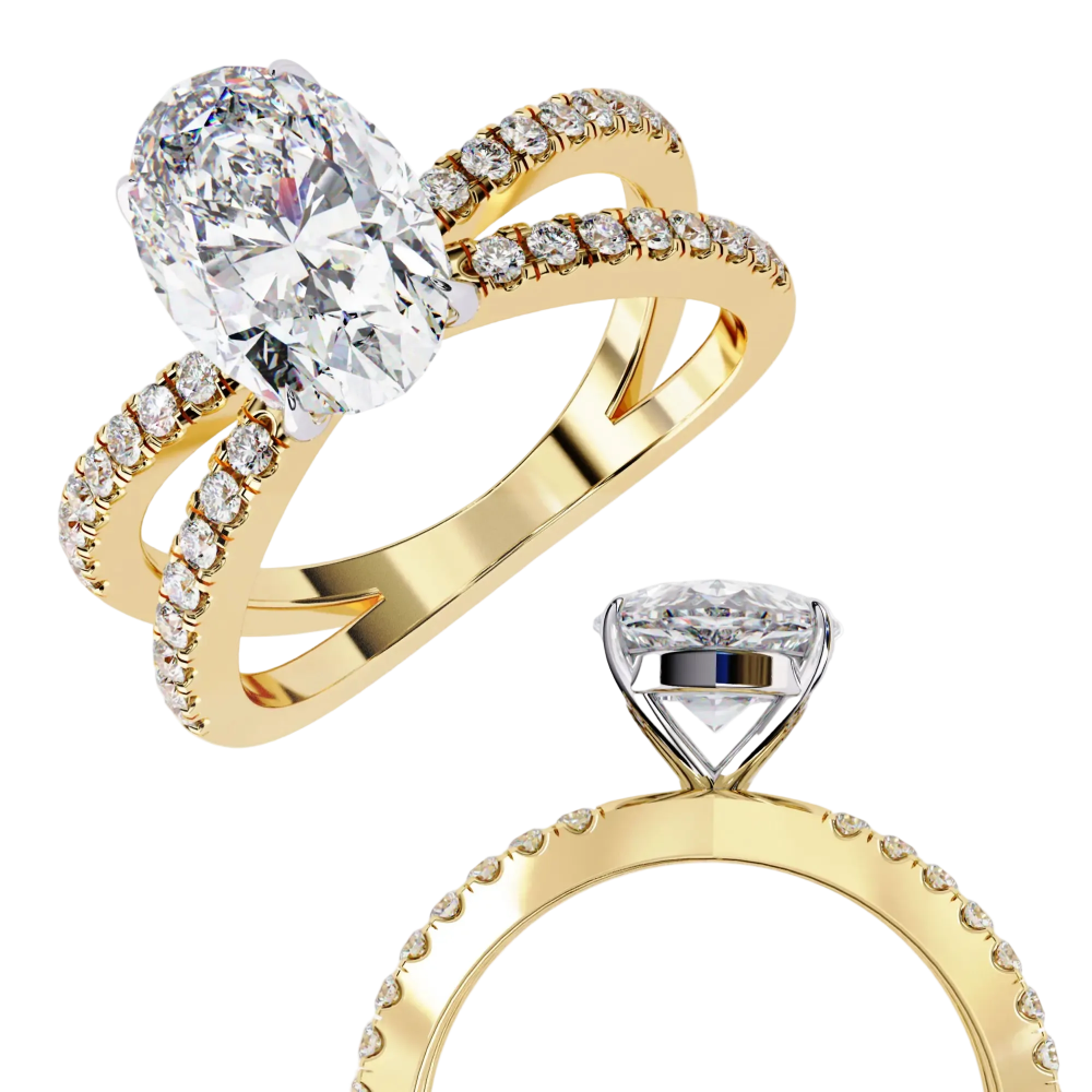 Two gold rings with diamond accents on a white background