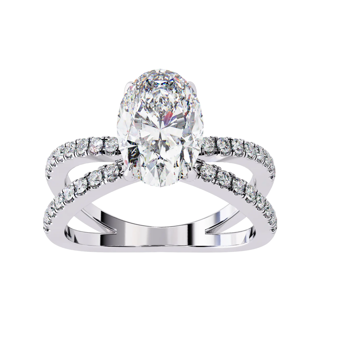 Diamond ring with a large central gemstone and smaller stones on a white background