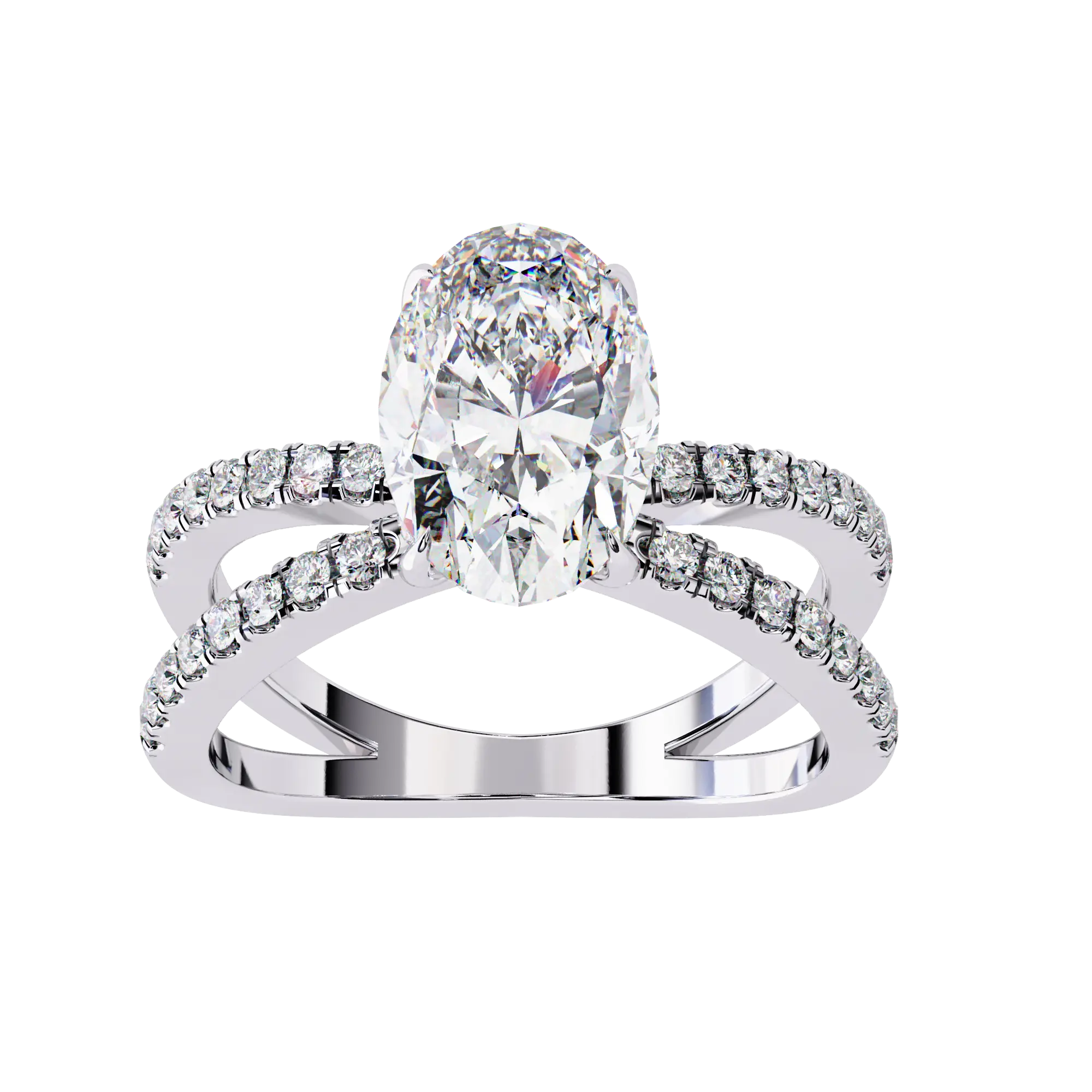 Diamond ring with a large central gemstone and smaller stones on a white background
