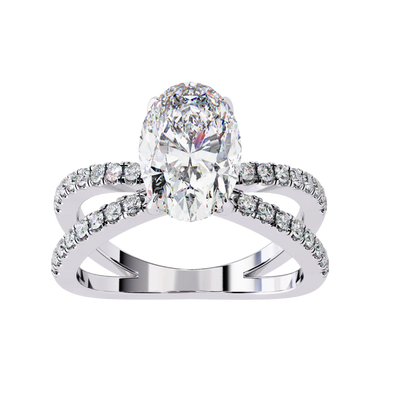 Diamond ring with a large central gemstone and smaller stones on a white background