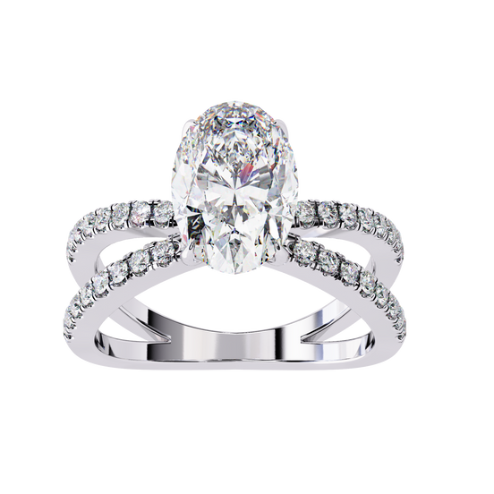 Diamond ring with a large central gemstone and smaller stones on a white background
