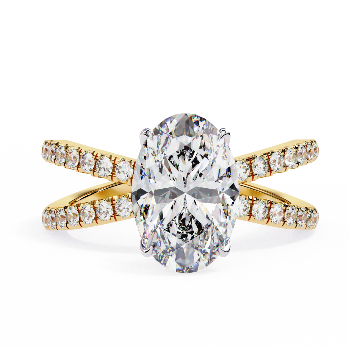 Gold ring with a large diamond and smaller diamonds on the band against a white background