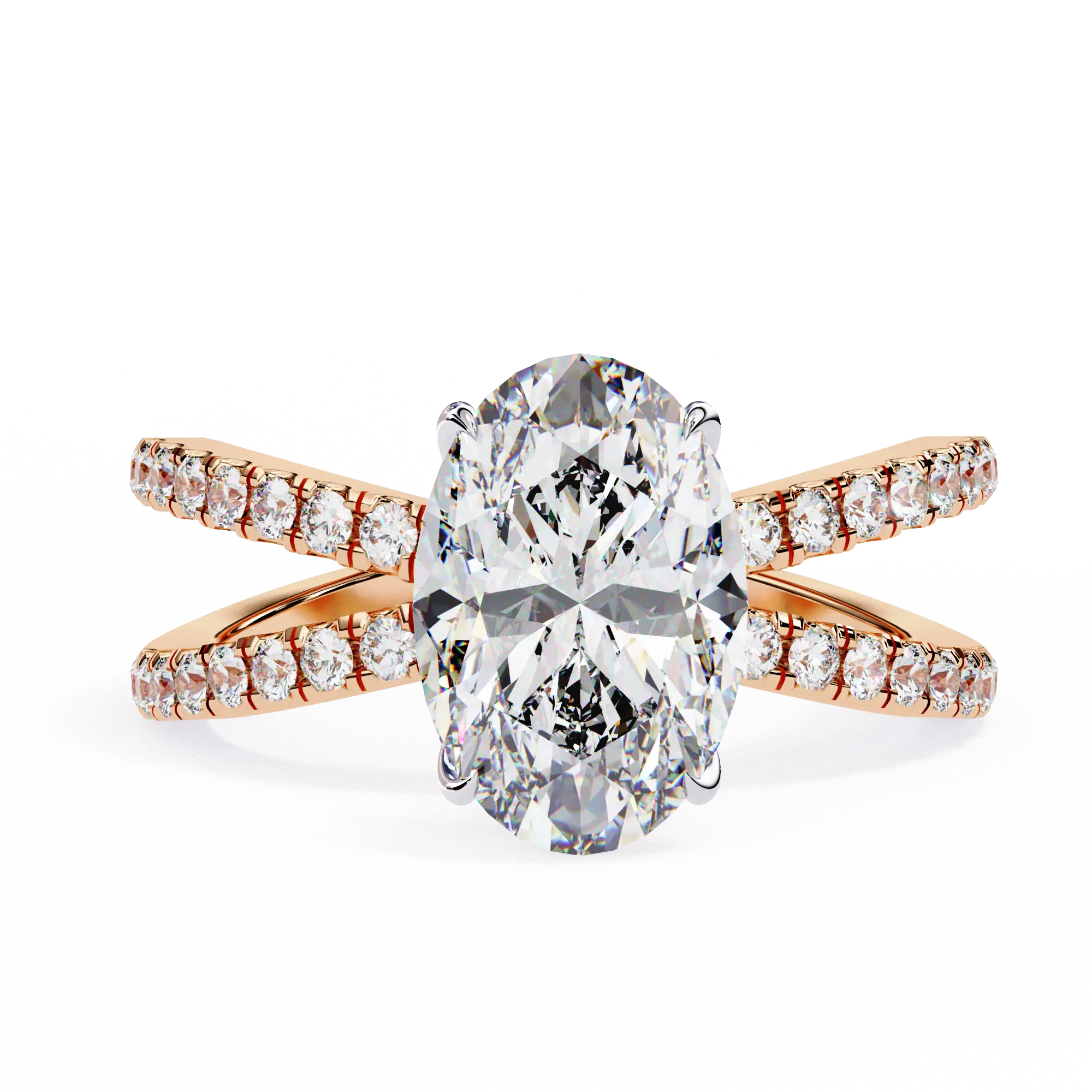 Diamond ring with rose gold band on a white background