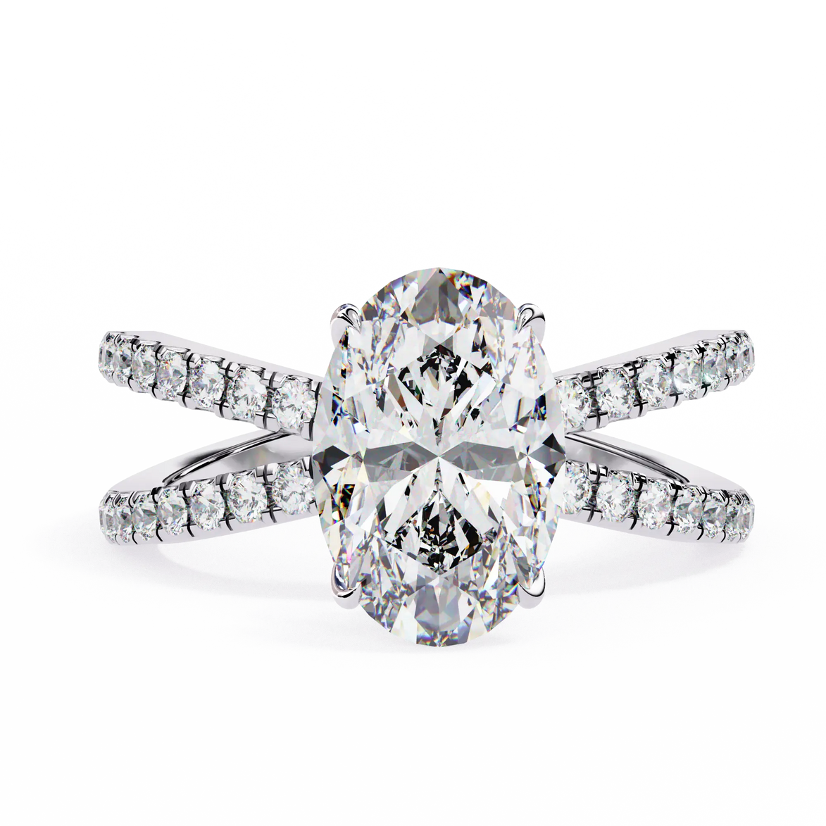 Diamond ring with a large central gemstone and smaller stones on the band against a white background