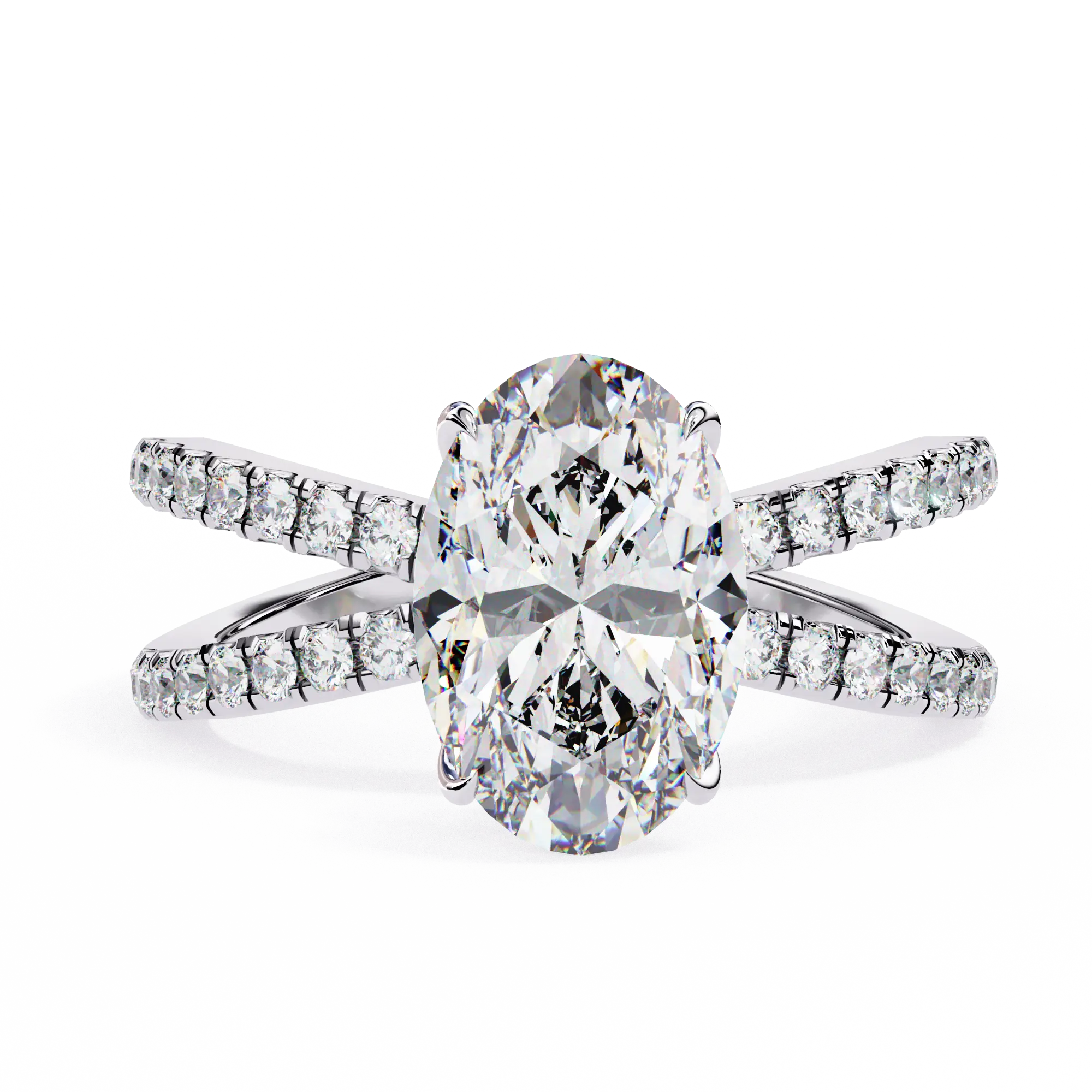Diamond ring with a large central gemstone and smaller stones on the band against a white background