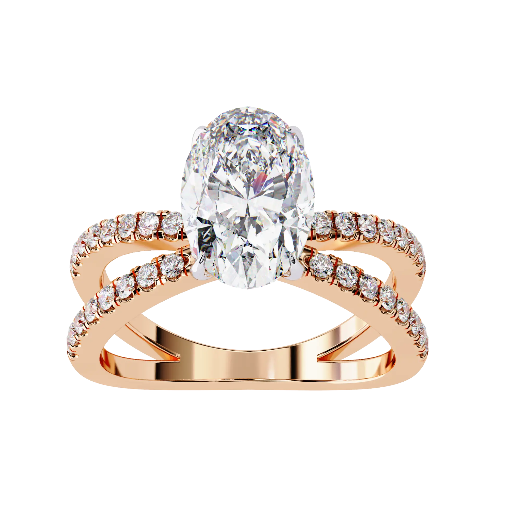 Rose gold ring with a large diamond and smaller diamonds on the band against a white background