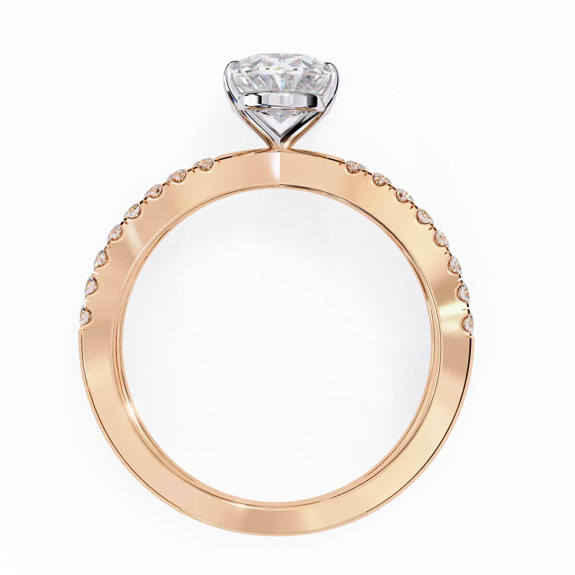 Rose gold ring with a diamond on a white background