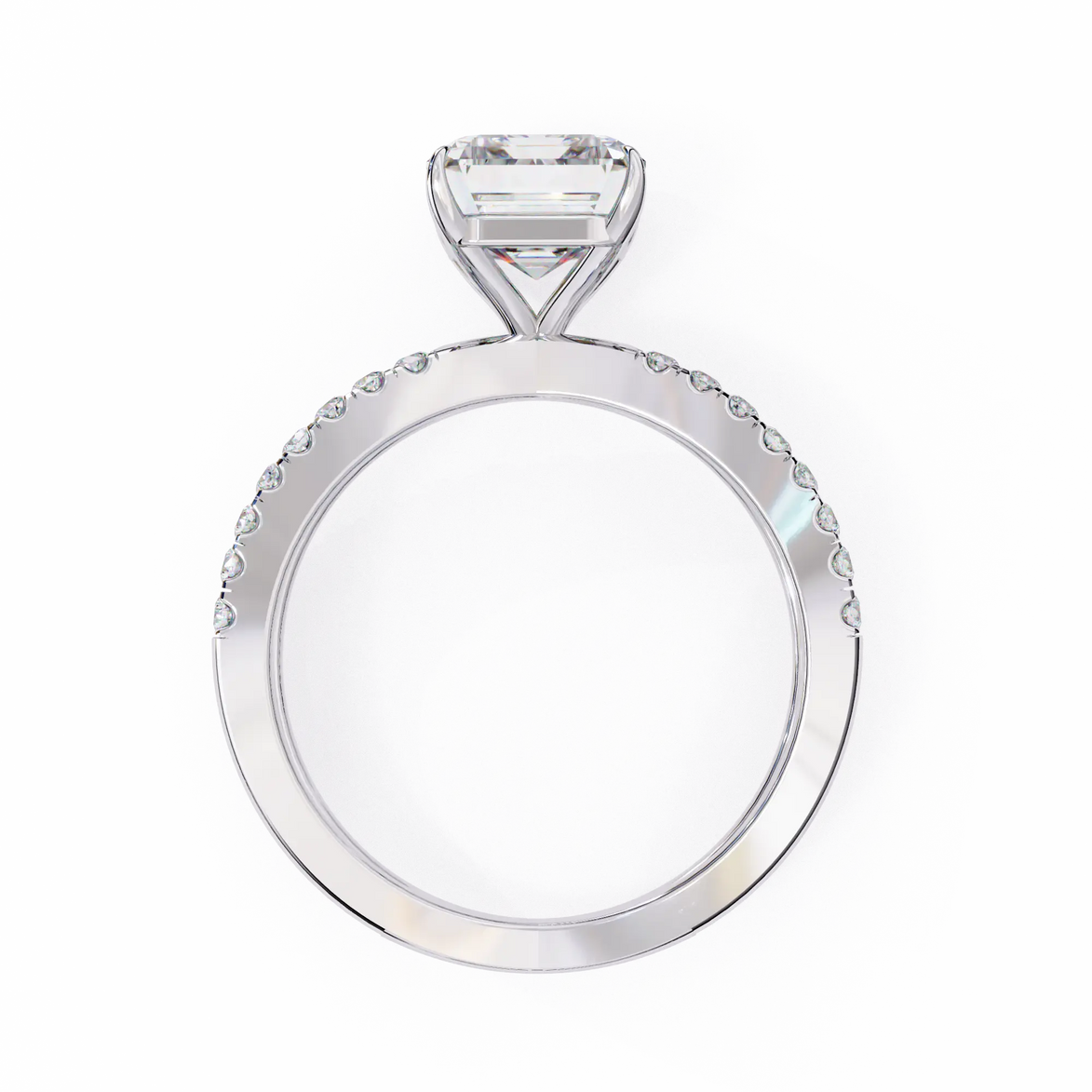 Silver ring with a large central diamond and smaller diamonds on the band against a white background