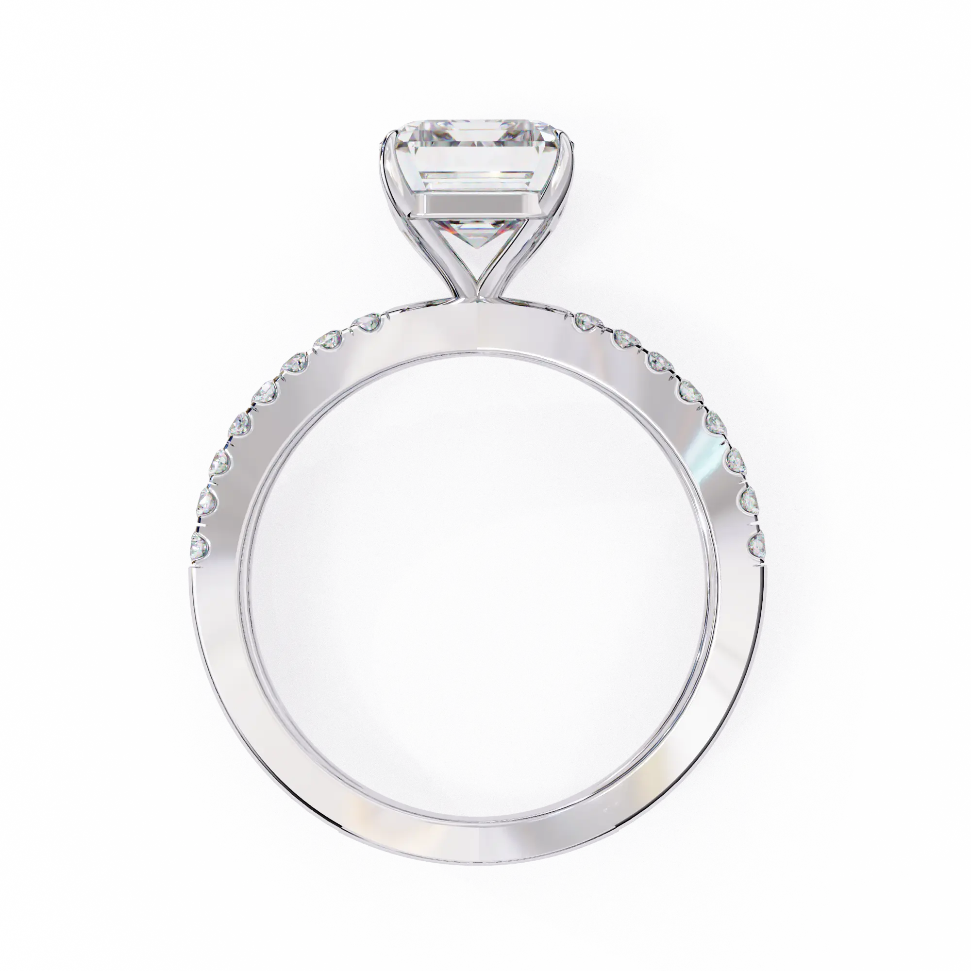 Silver ring with a large central diamond and smaller diamonds on the band against a white background