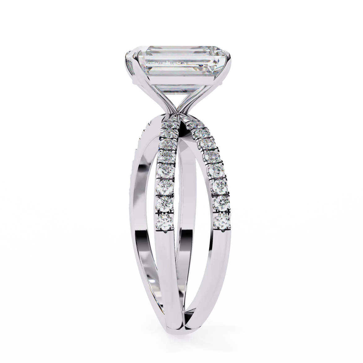 Diamond ring with a rectangular center stone on a white background