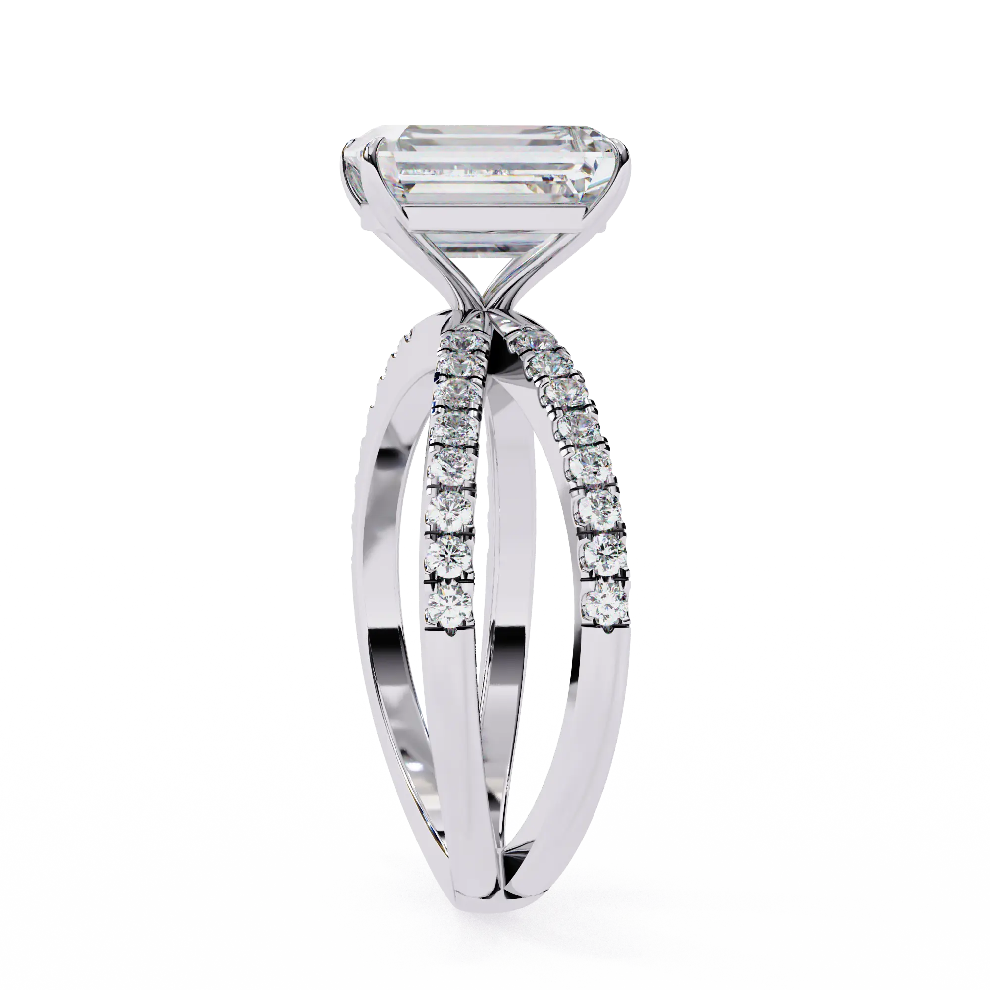 Diamond ring with a rectangular center stone on a white background