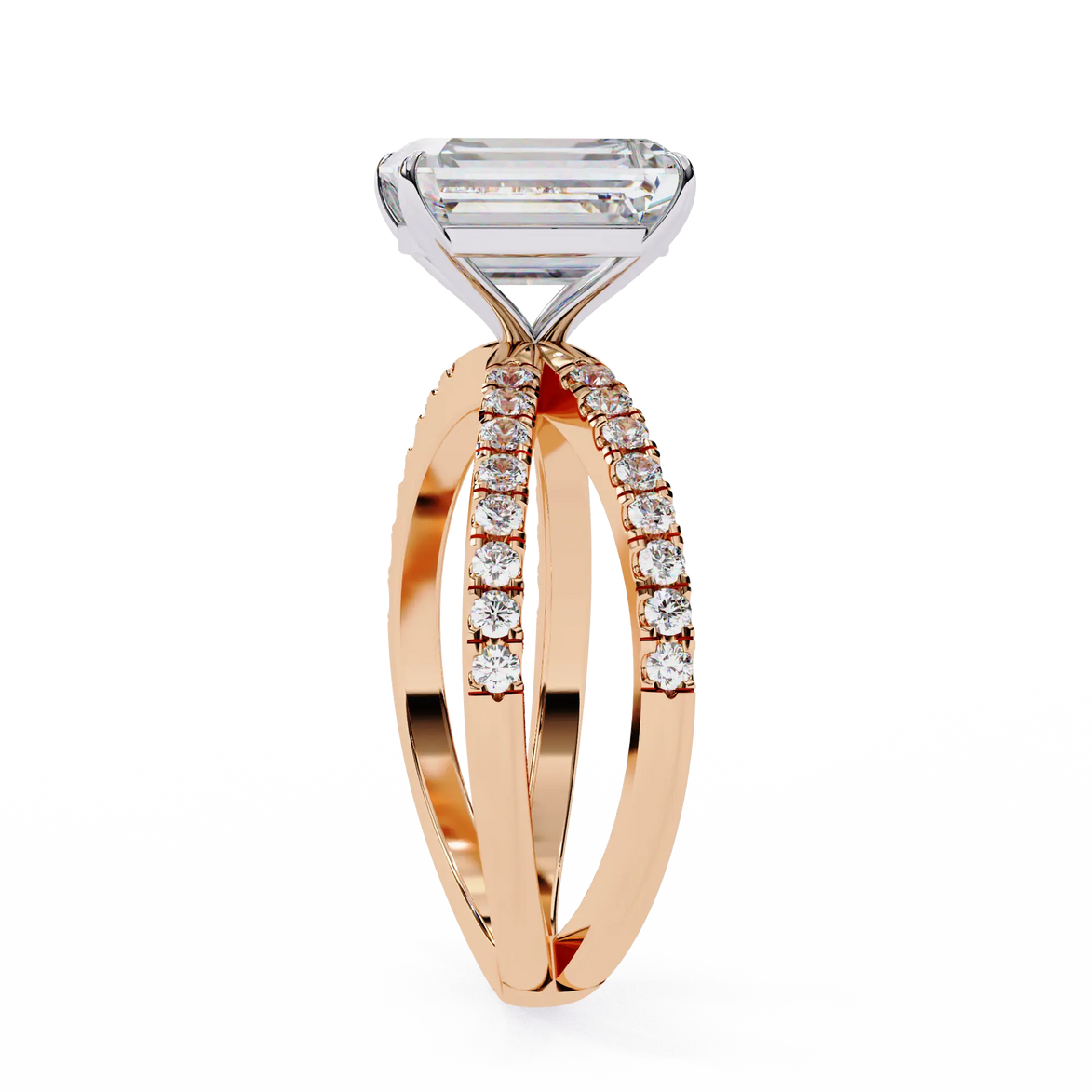 Rose gold ring with diamond accents on a white background