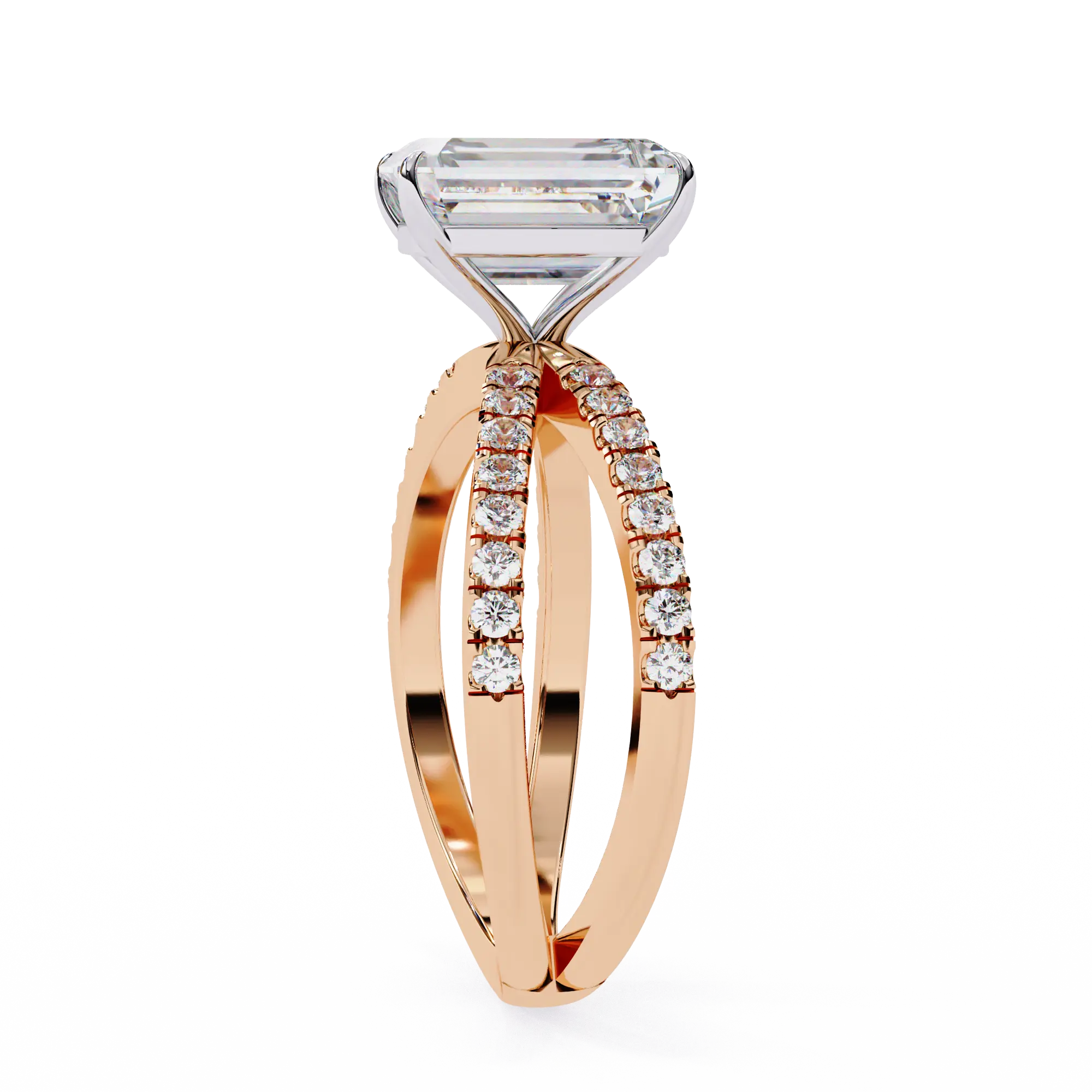 Rose gold ring with diamond accents on a white background