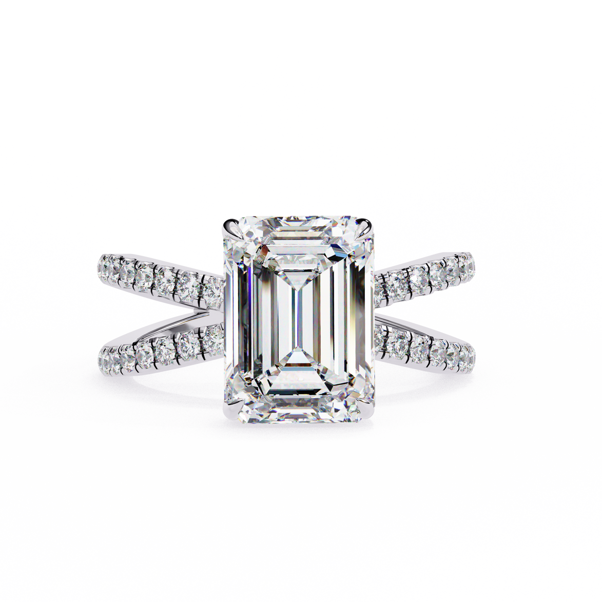 Diamond ring with emerald-cut center stone on a white background