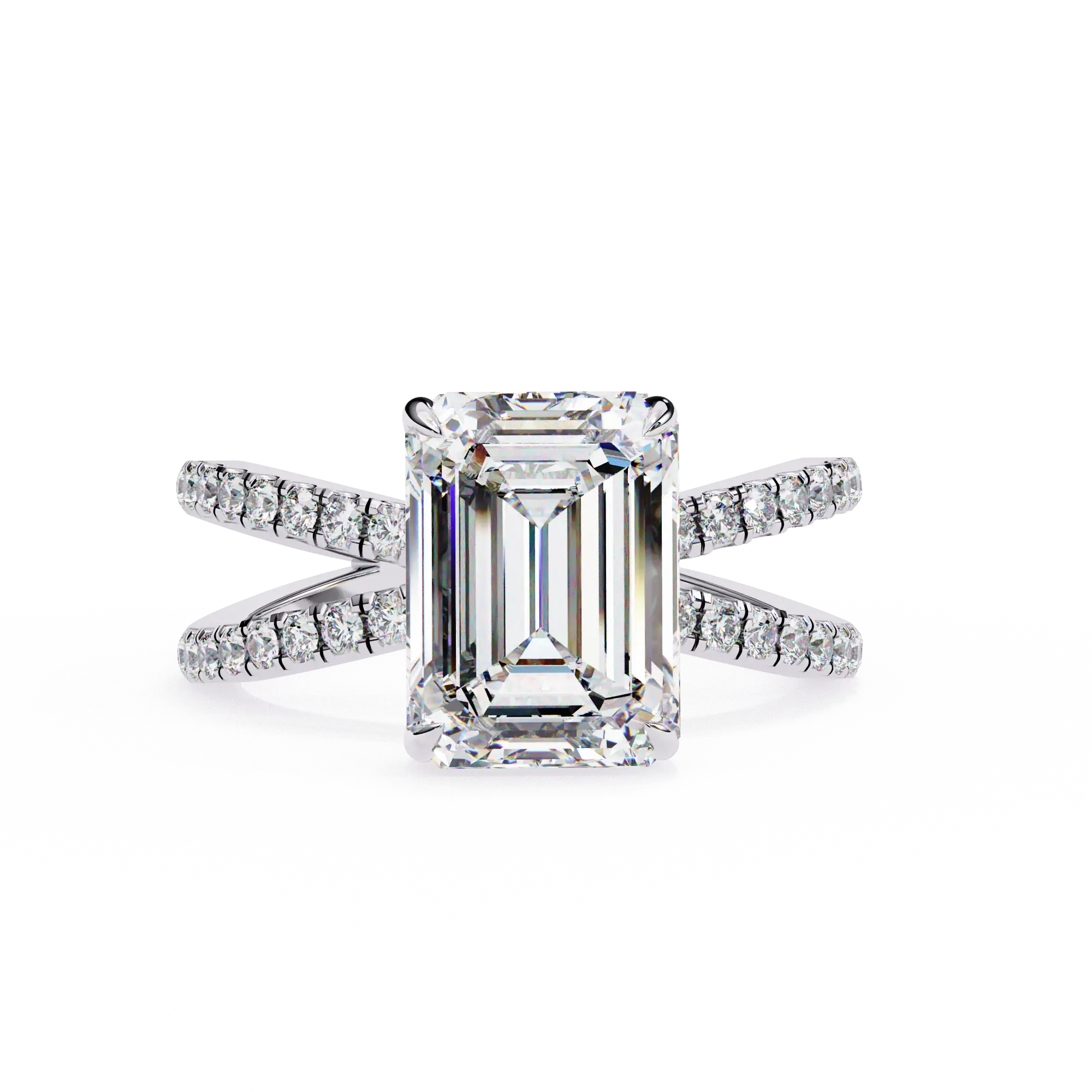 Diamond ring with emerald-cut center stone on a white background