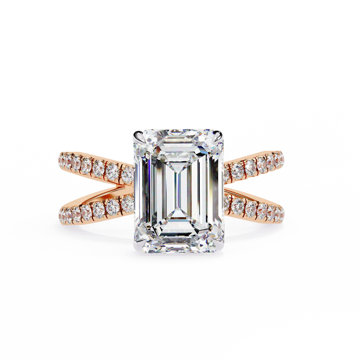 Diamond ring with rose gold band on a white background