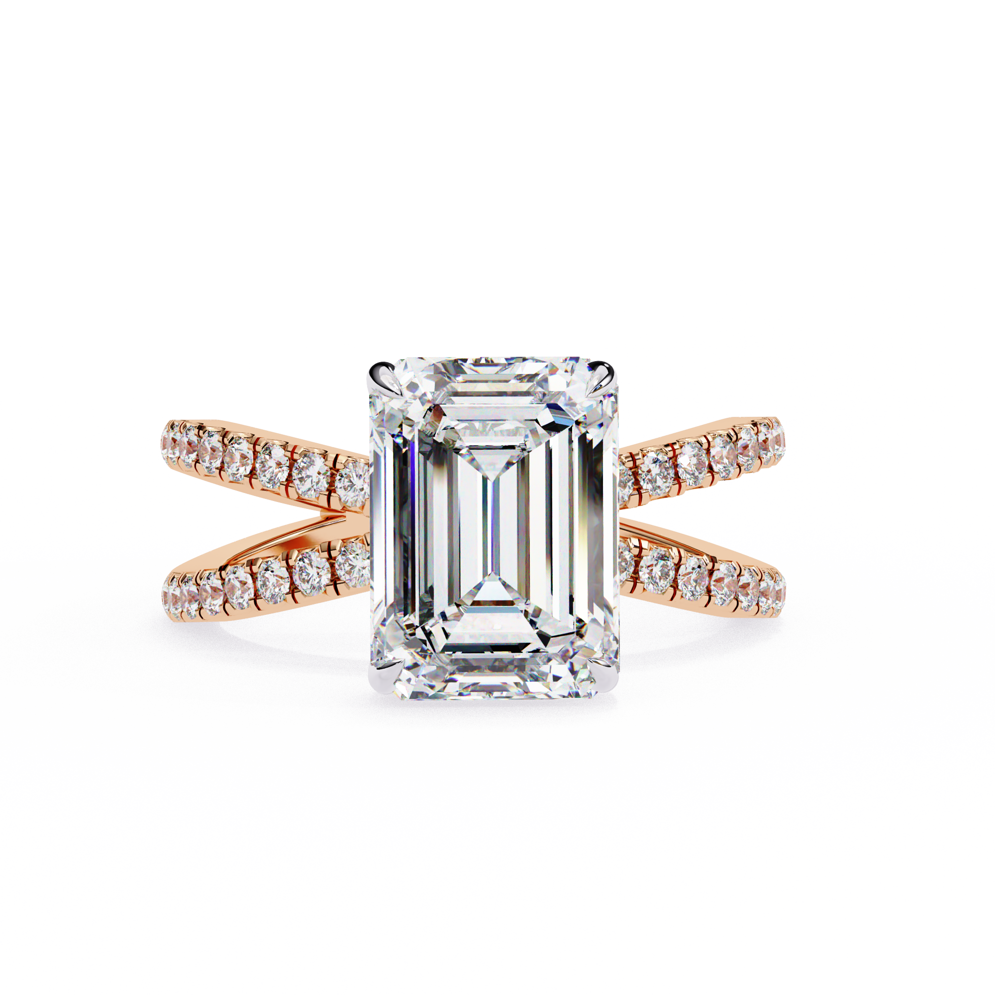 Diamond ring with rose gold band on a white background