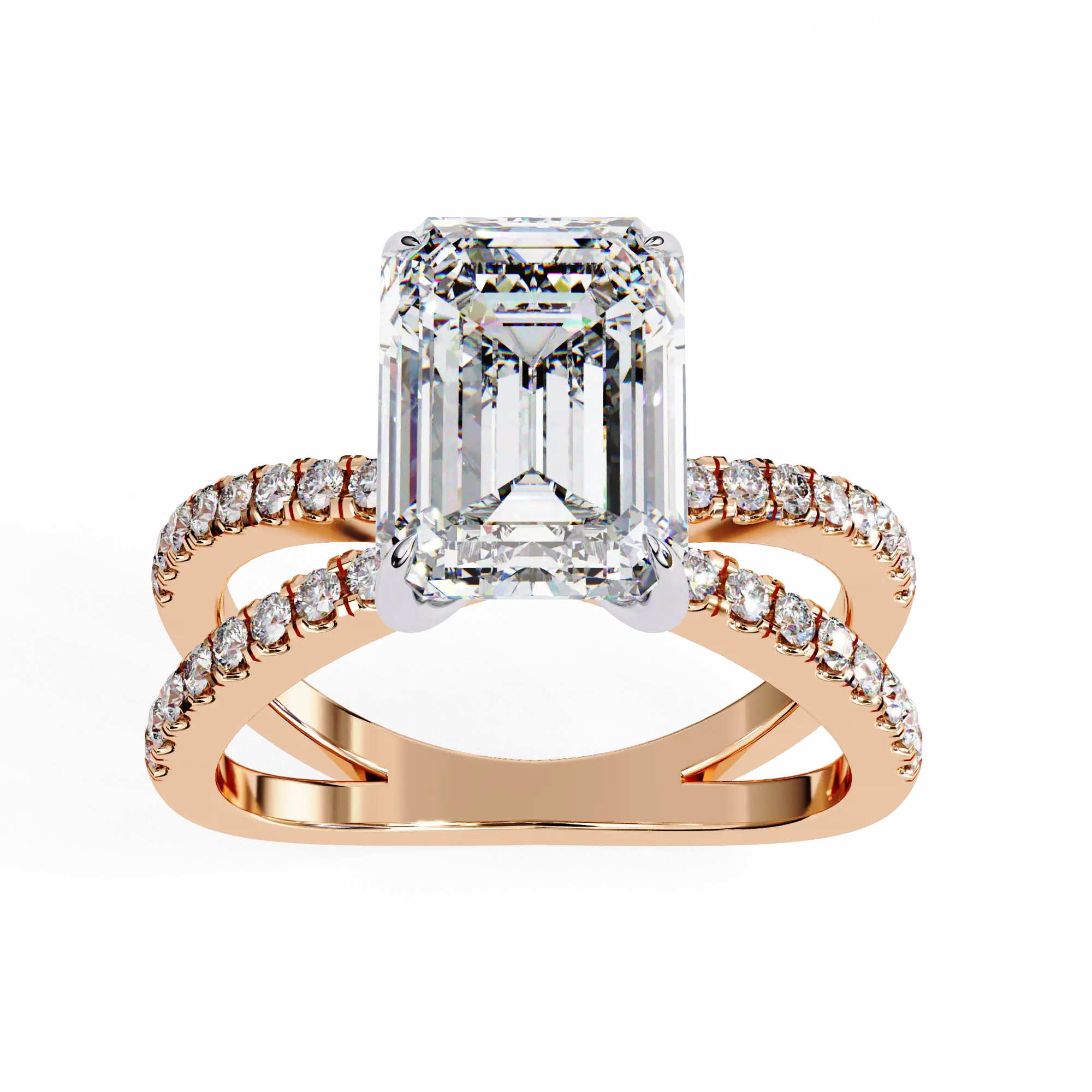 Rose gold ring with emerald-cut diamond and smaller diamonds on a white background