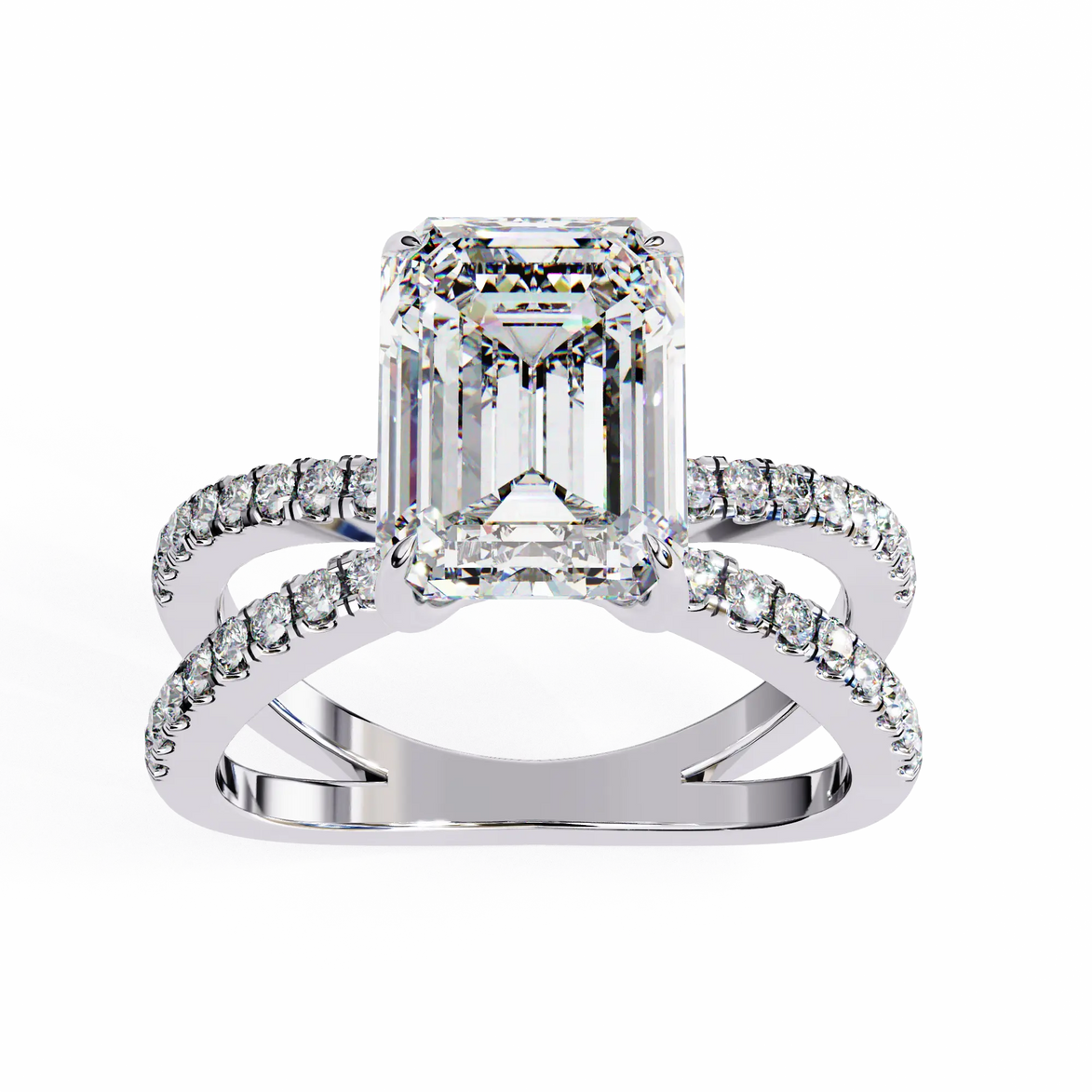 Diamond ring with a rectangular center stone on a white background