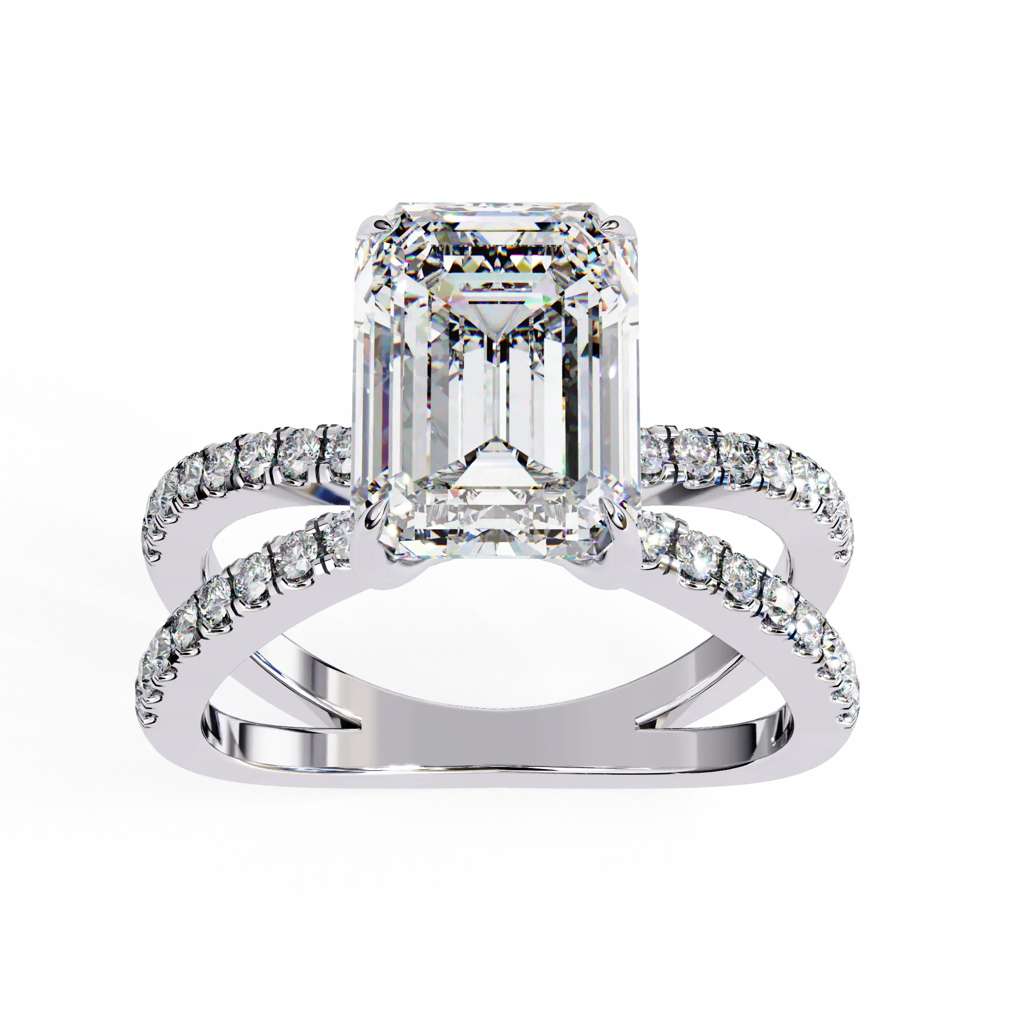 Diamond ring with a rectangular center stone on a white background