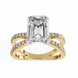 Gold ring with a large emerald-cut diamond and smaller diamonds on a white background