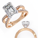 Rose gold ring with emerald-cut diamond and smaller diamonds on a white background