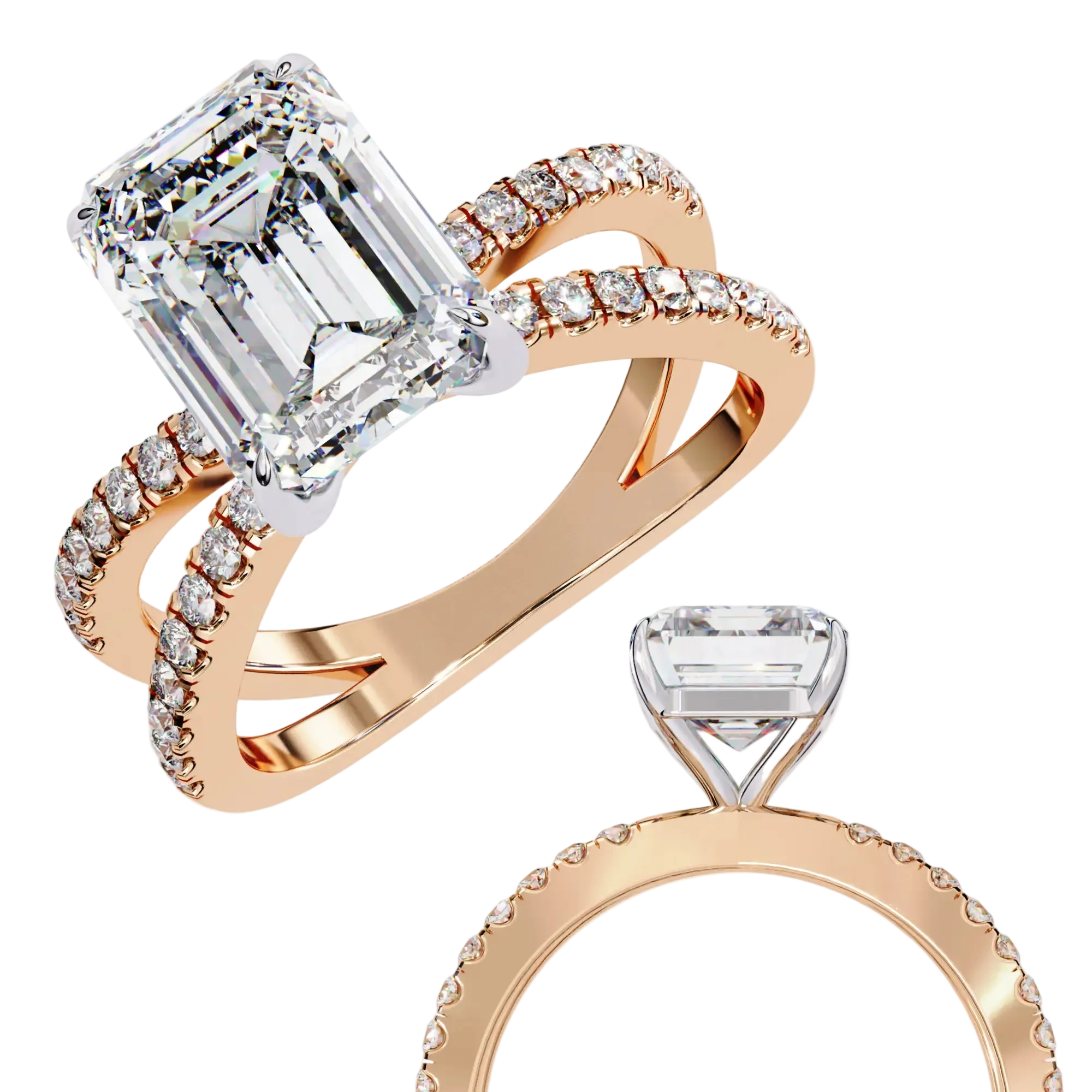 Rose gold ring with emerald-cut diamond and smaller diamonds on a white background