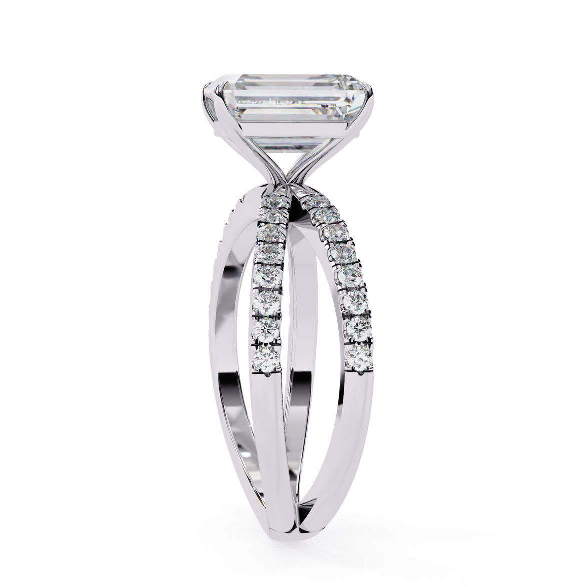 Diamond ring with a rectangular center stone on a white background