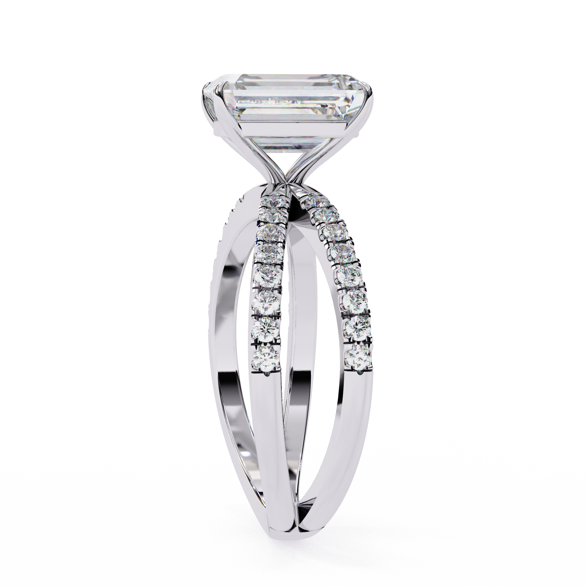 Diamond ring with a rectangular center stone on a white background