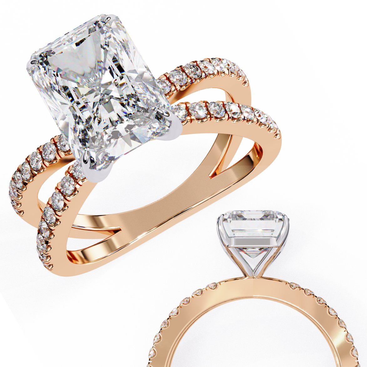 Rose gold rings with large diamonds on a white background