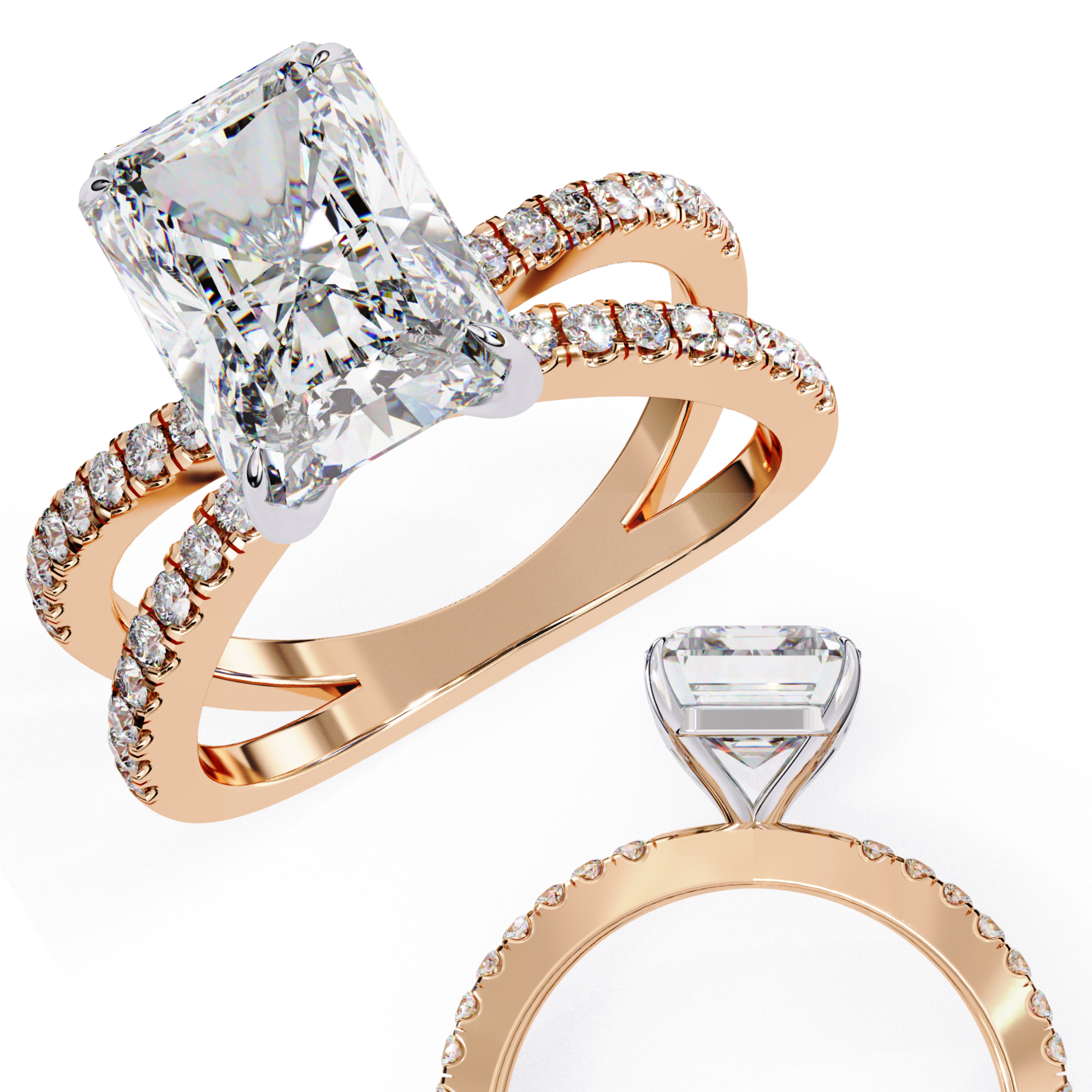 Rose gold rings with large diamonds on a white background