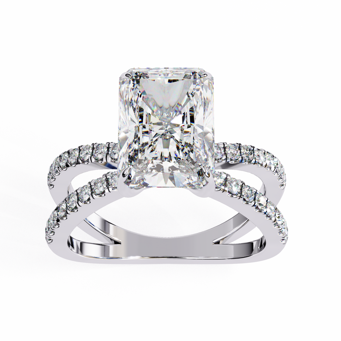Diamond ring with a large central stone and smaller stones on the band against a white background