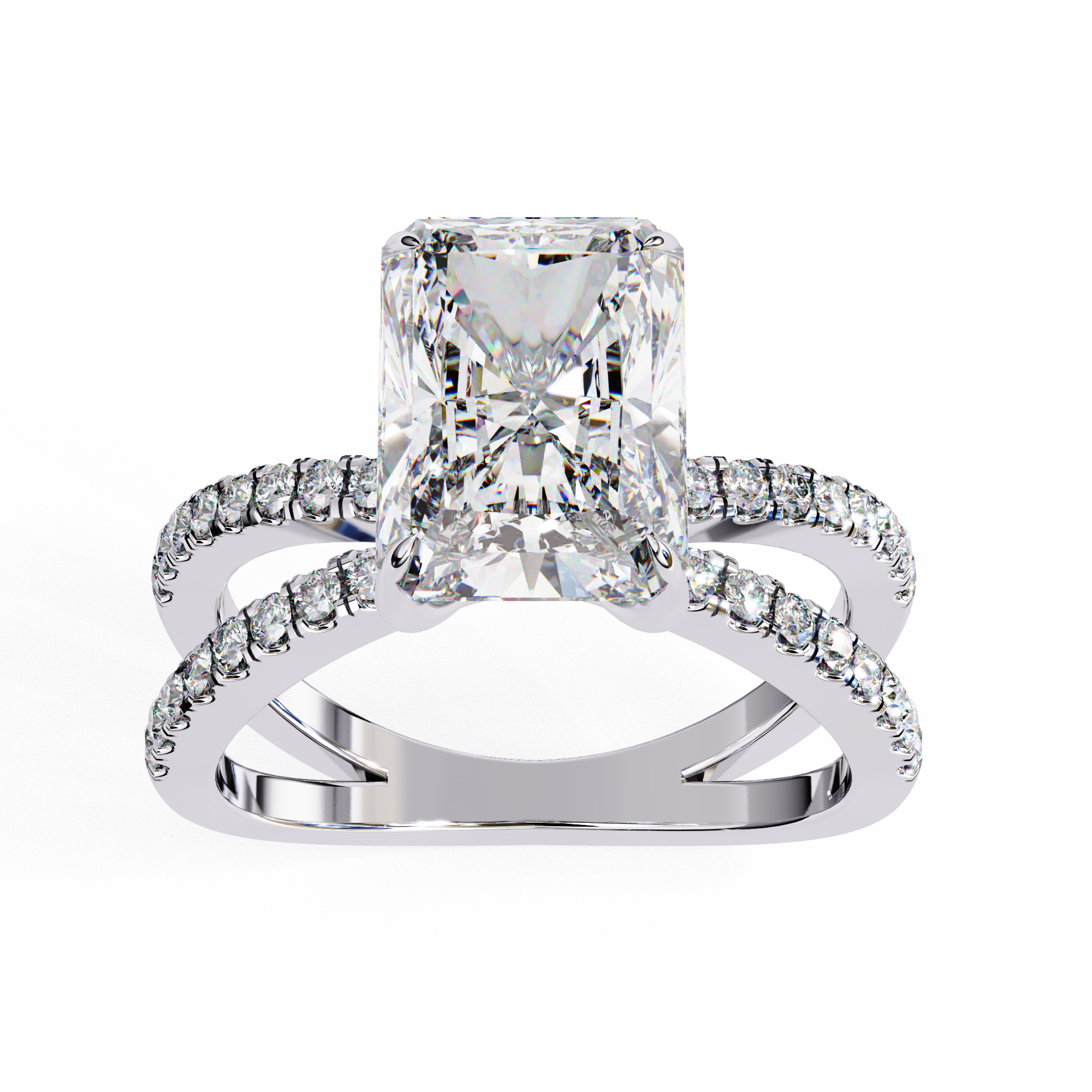 Diamond ring with a large central stone and smaller stones on the band against a white background