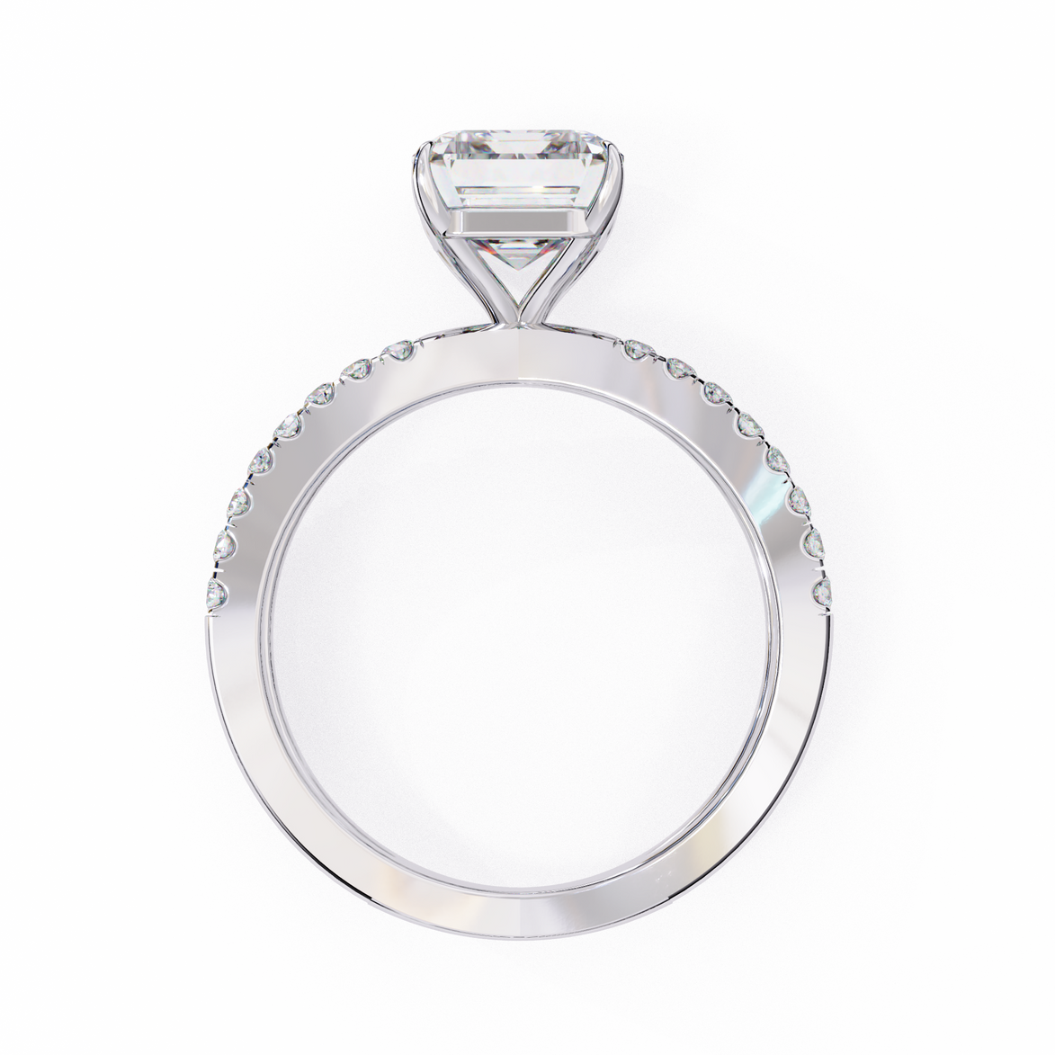 Silver ring with a large central diamond and smaller diamonds on the band against a white background